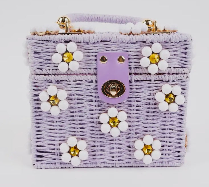 Wicker Bucket Daisy Flower Purse, Purple & White Daisy