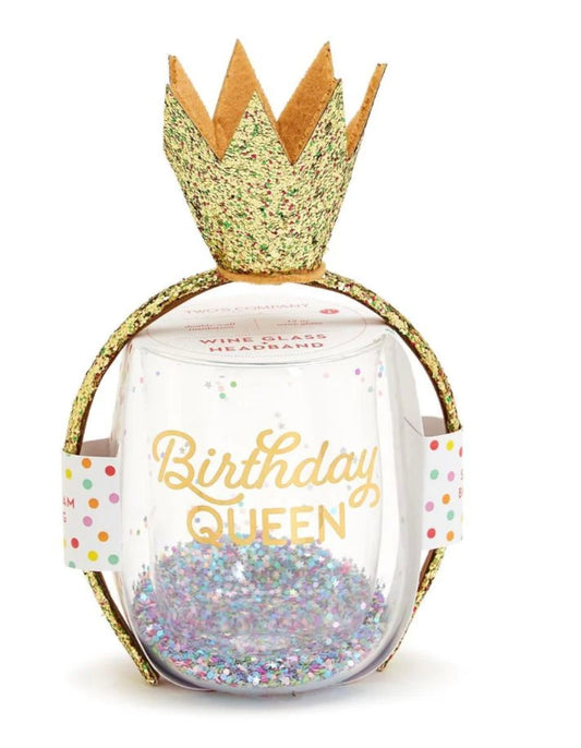 Birthday Queen Stemless Wine Glass And Glitter Crown Headband