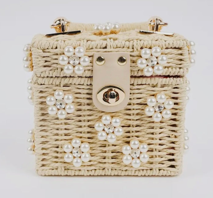Wicker Bucket Bag with Beaded Flowers, Cream and Pearl Daisy