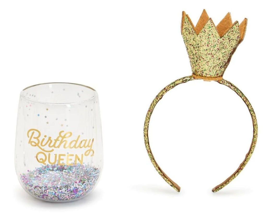 Birthday Queen Stemless Wine Glass And Glitter Crown Headband