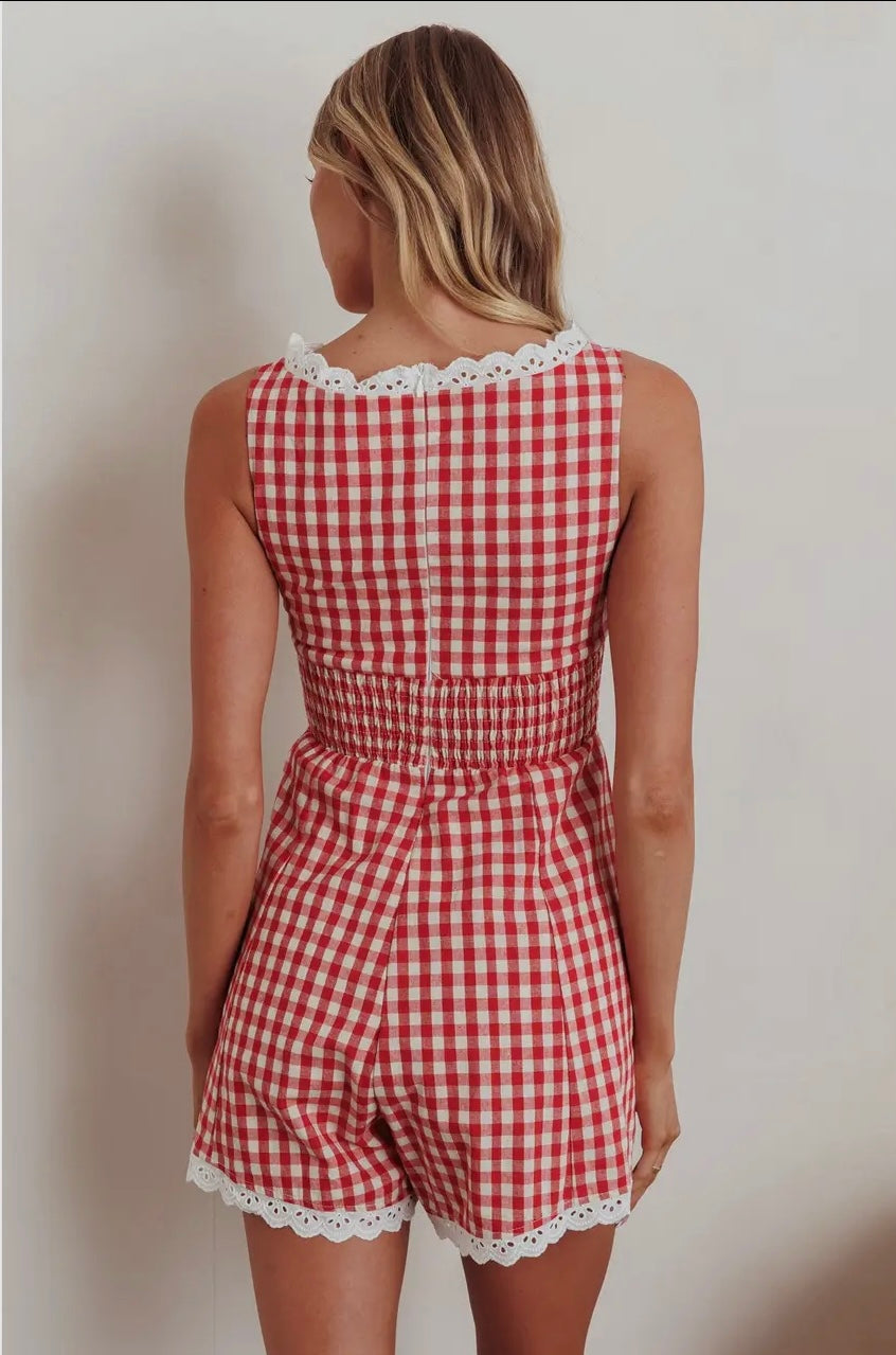 Gingham Romper with Lace