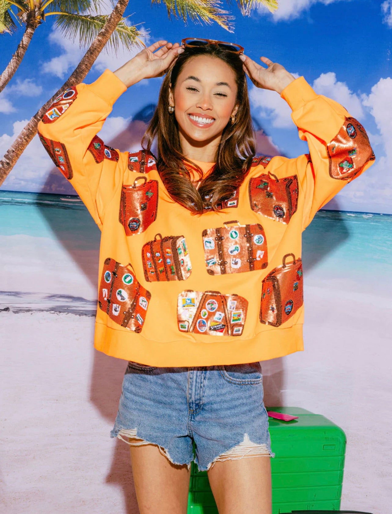 Queen of Sparkles Neon Orange Vintage Suitcase Sweatshirt