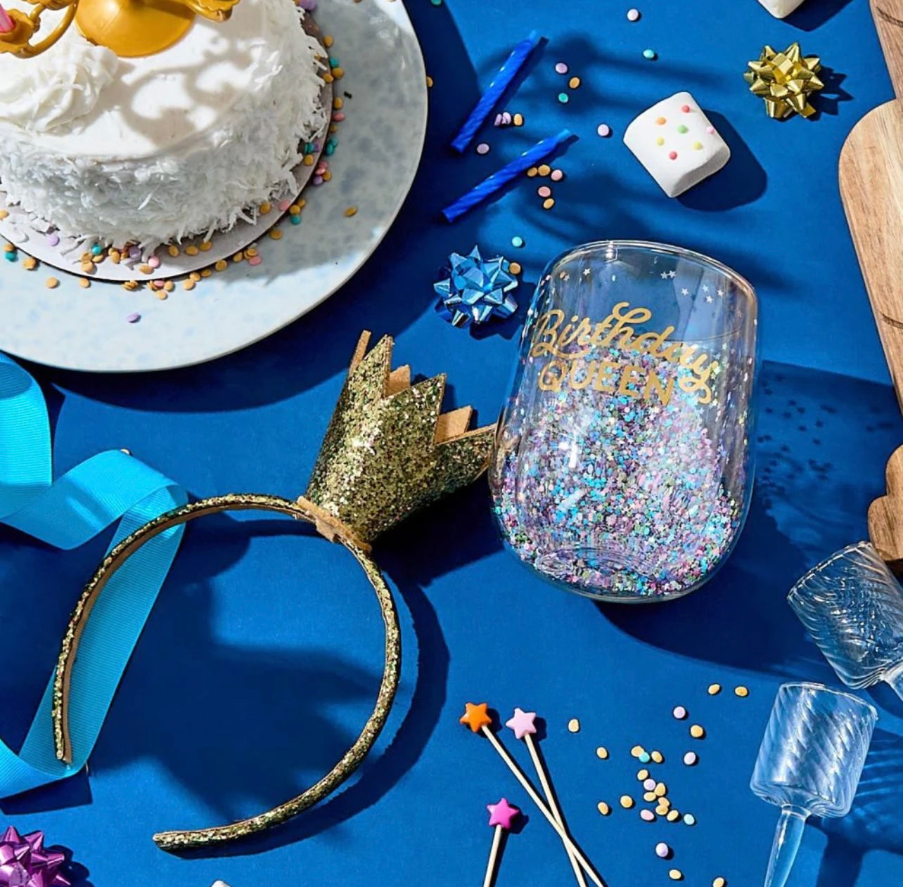 Birthday Queen Stemless Wine Glass And Glitter Crown Headband