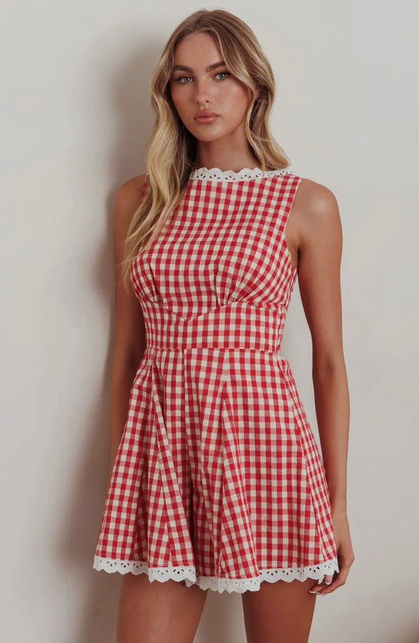 Gingham Romper with Lace