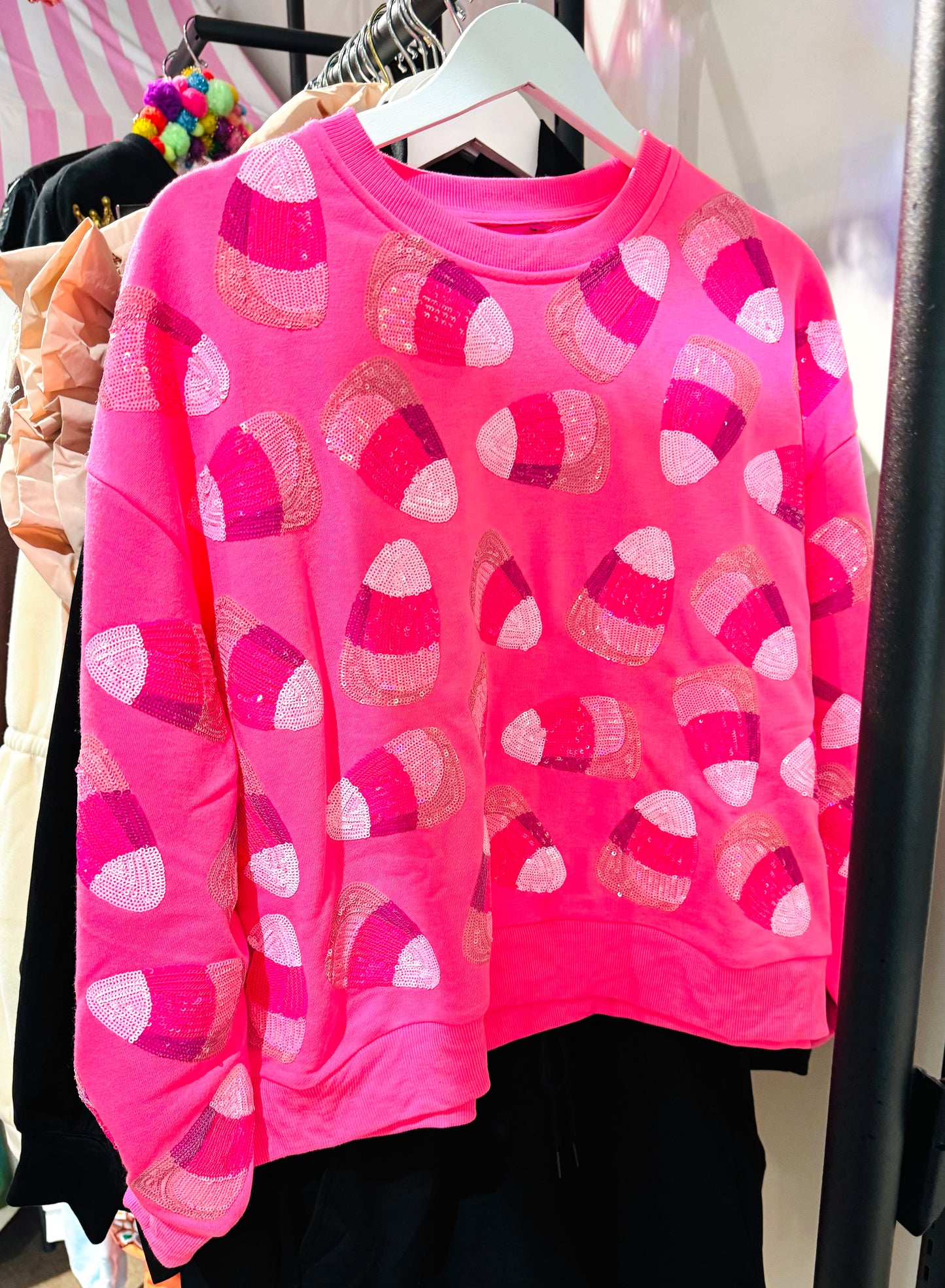 Queen of Sparkles Neon Pink Halloween Candy Corn Top