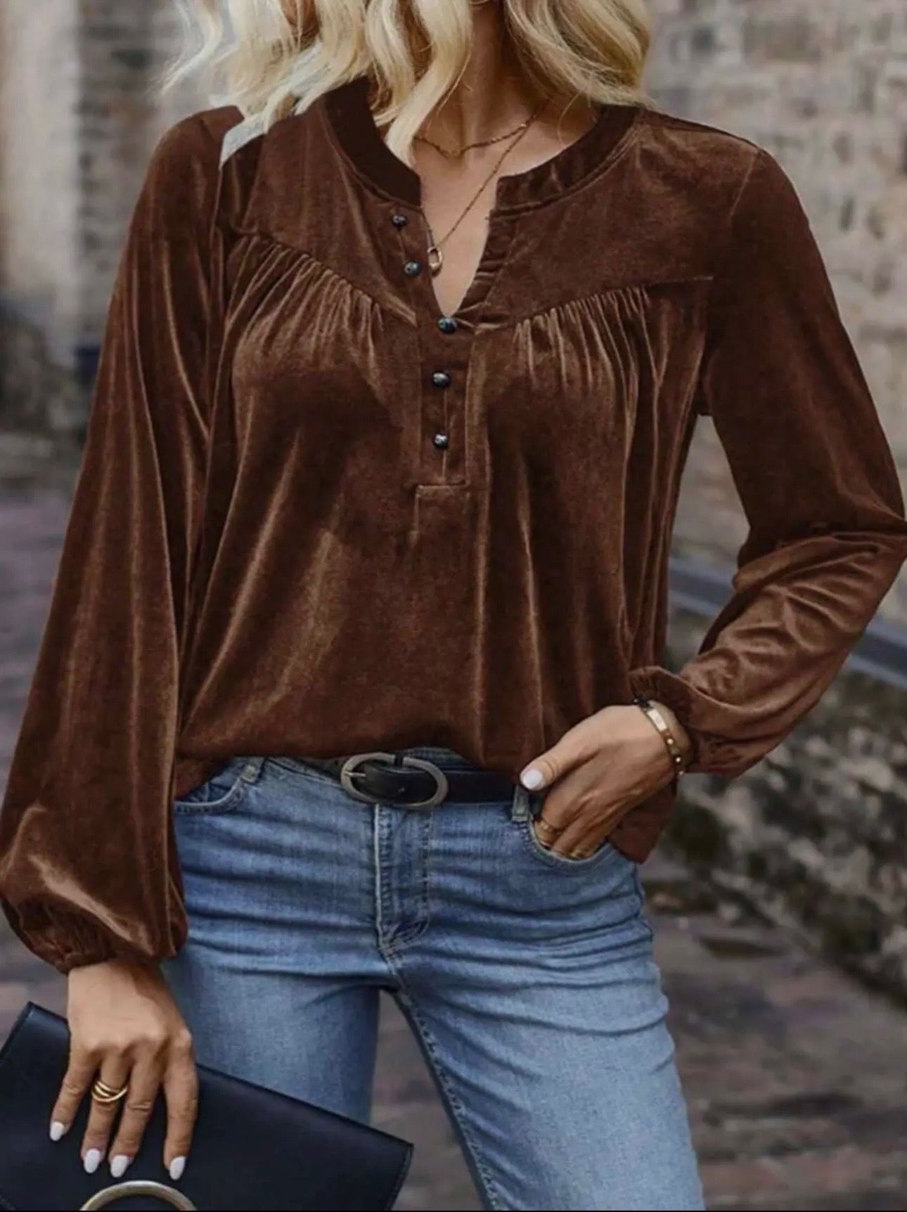 Leslie Brown V Neck Button Up Top