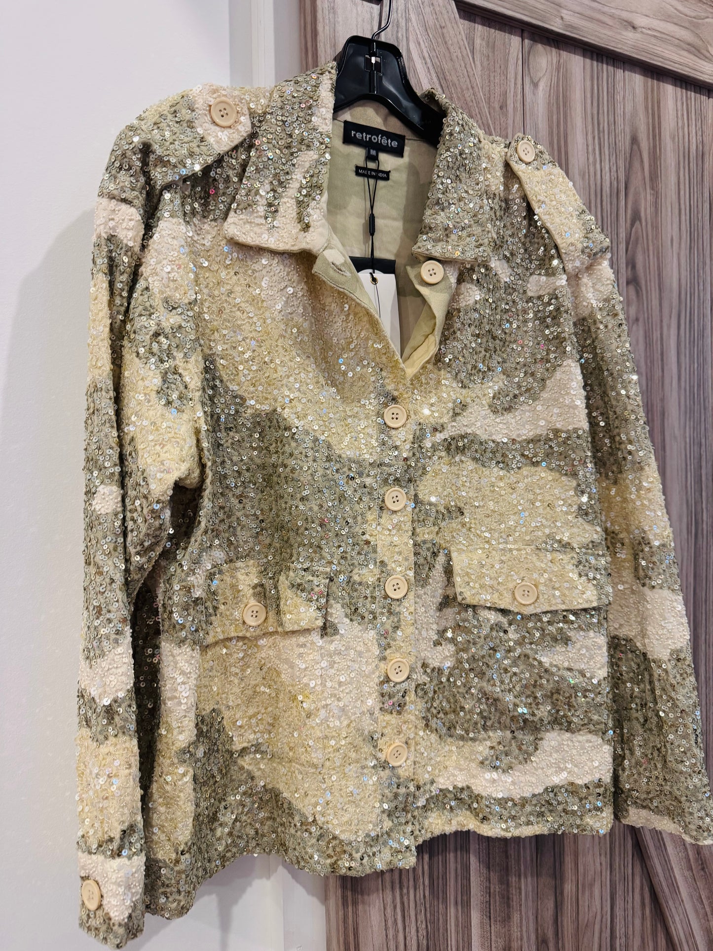 Retrofete IDAN SEQUINED CAMOUFLAGE-PRINT COTTON JACKET
