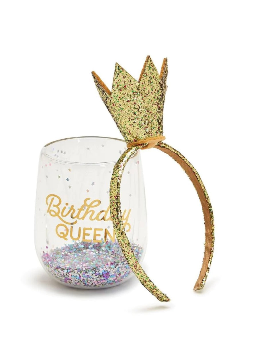 Birthday Queen Stemless Wine Glass And Glitter Crown Headband