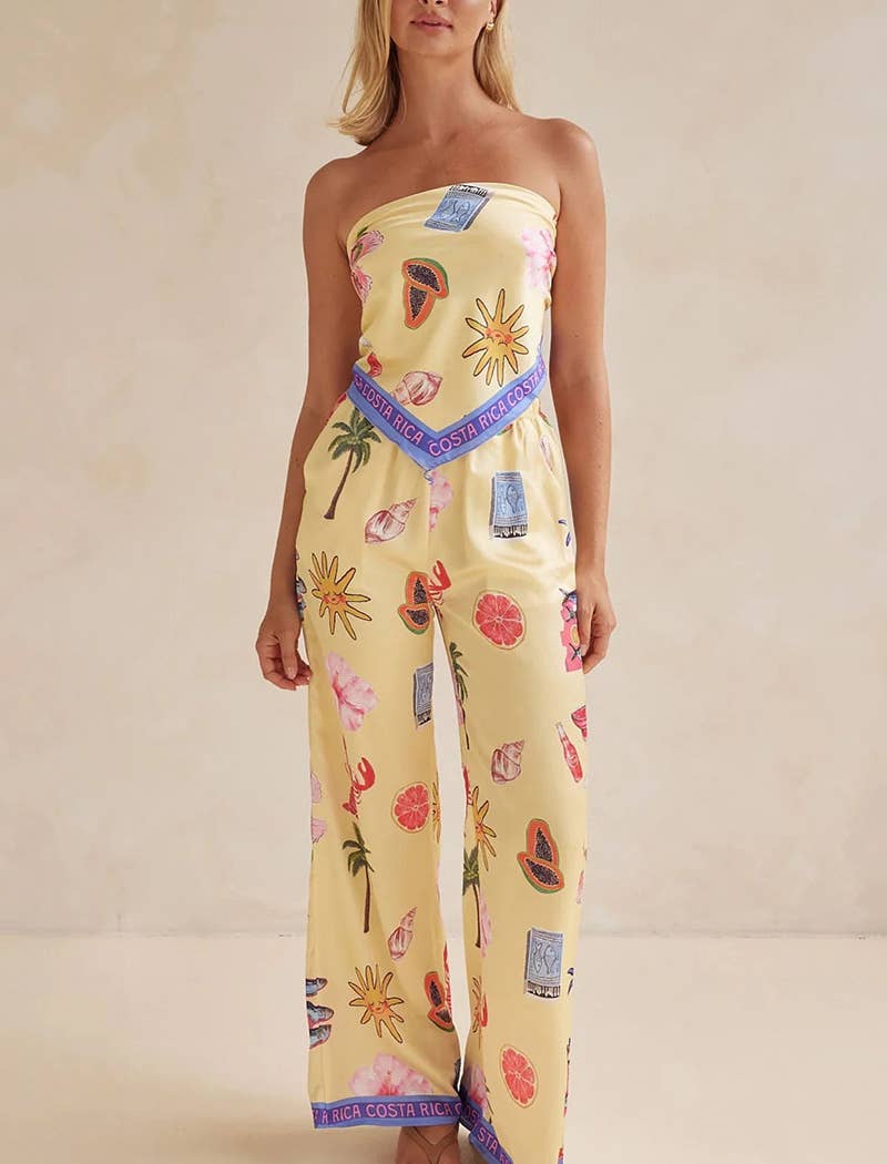 Strapless Tropical Print Pants Set