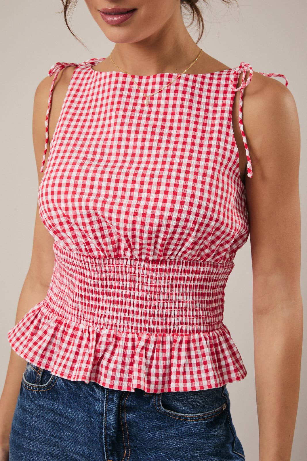 BOAT NECK SLEEVELESS SMOCKED GINGHAM PLAID TOP