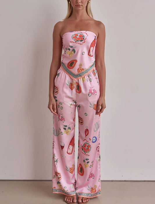 Strapless Tropical Print Pants Set