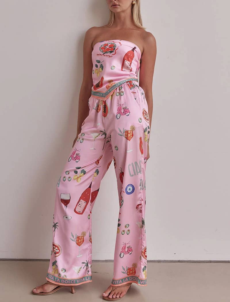 Strapless Tropical Print Pants Set