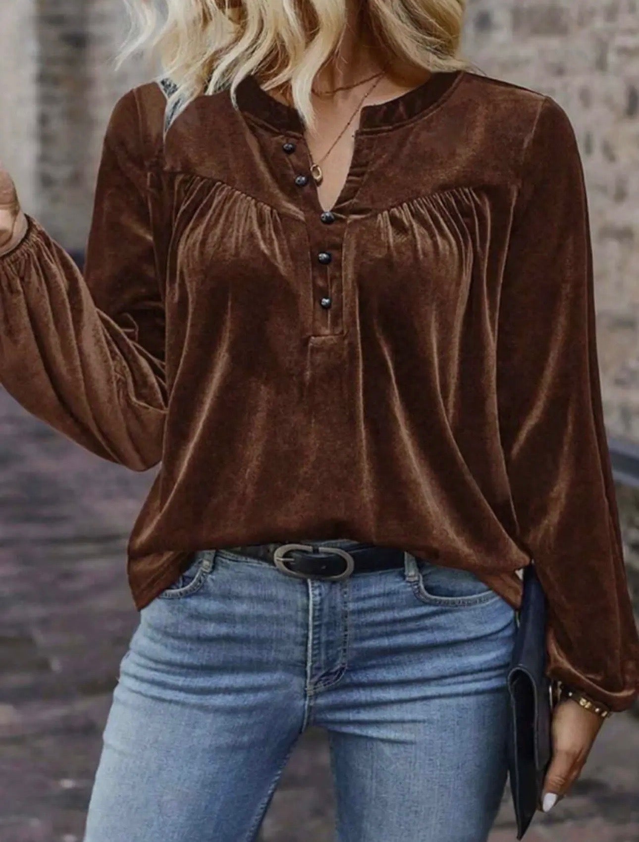 Leslie Brown V Neck Button Up Top