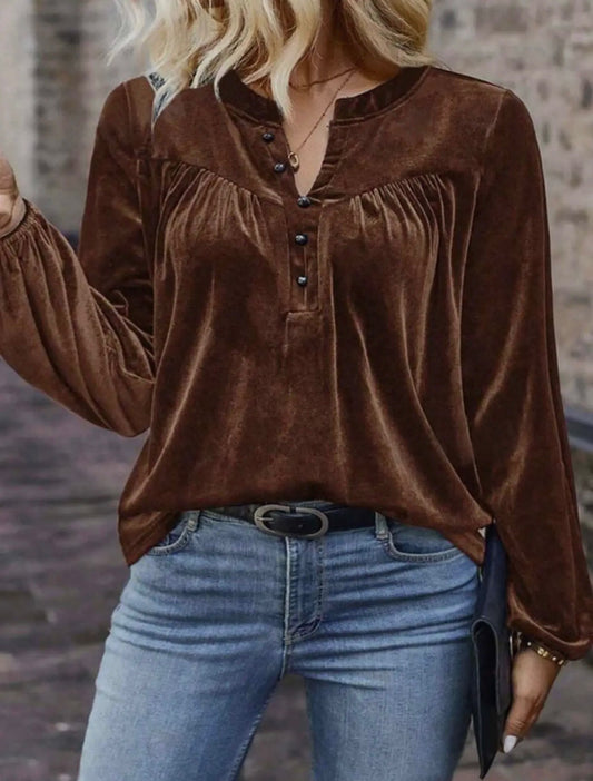 Leslie Brown V Neck Button Up Top
