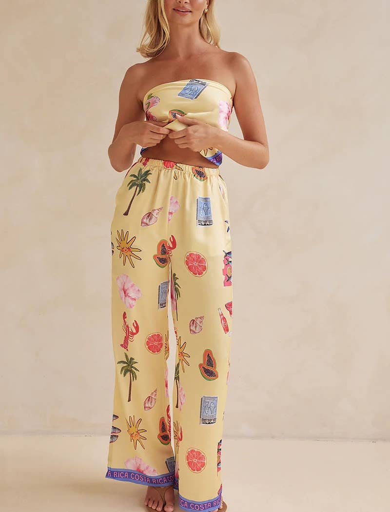 Strapless Tropical Print Pants Set