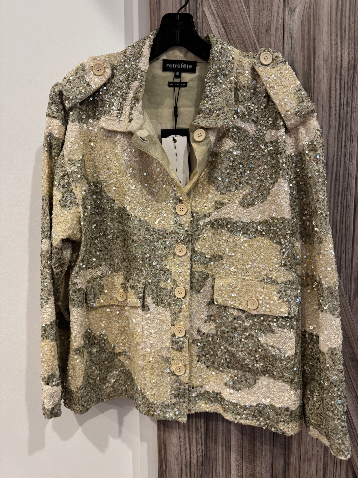 Retrofete IDAN SEQUINED CAMOUFLAGE-PRINT COTTON JACKET