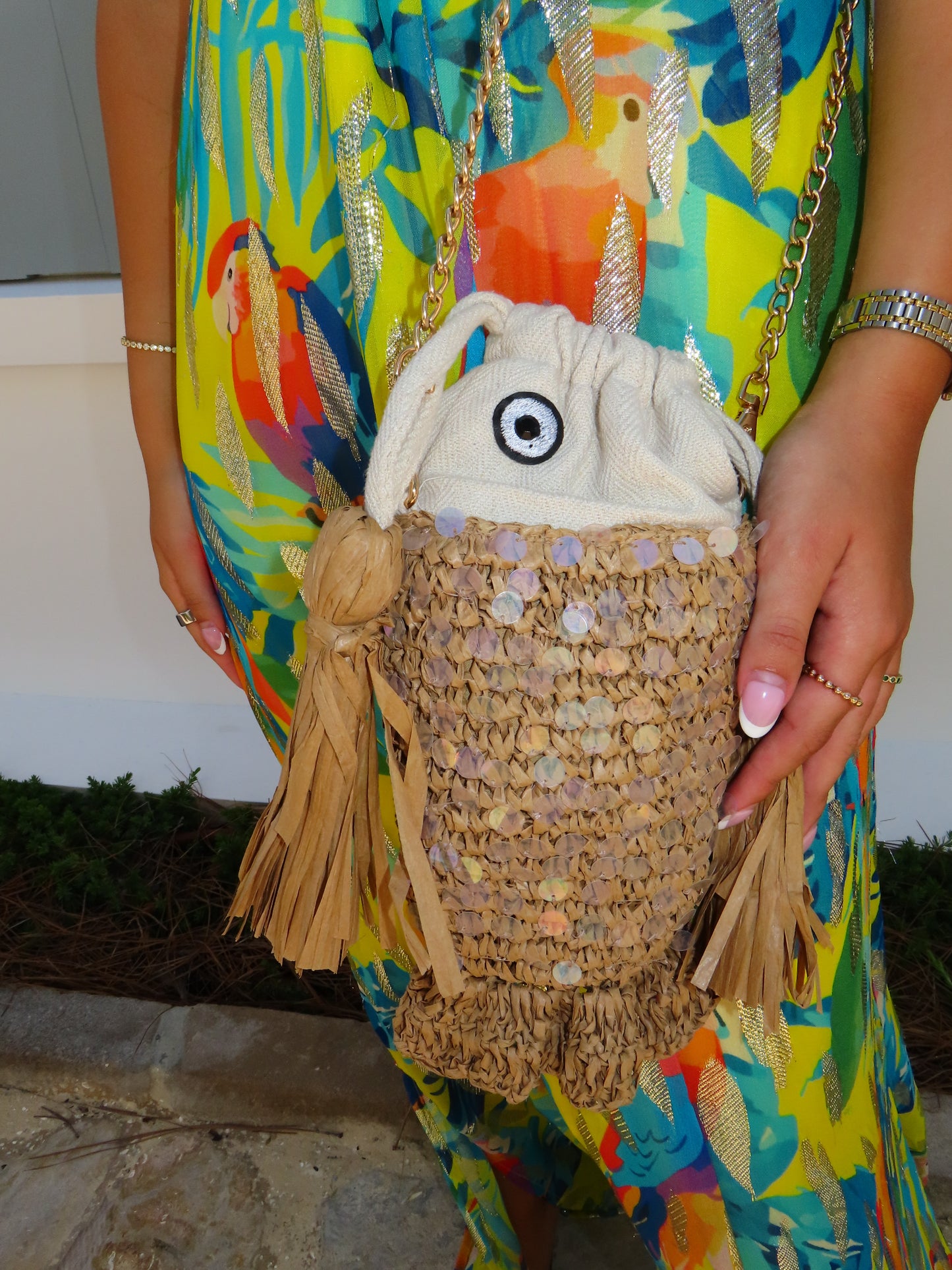 Ocean Whimsy Raffia Fish Bag