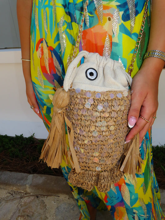Ocean Whimsy Raffia Fish Bag
