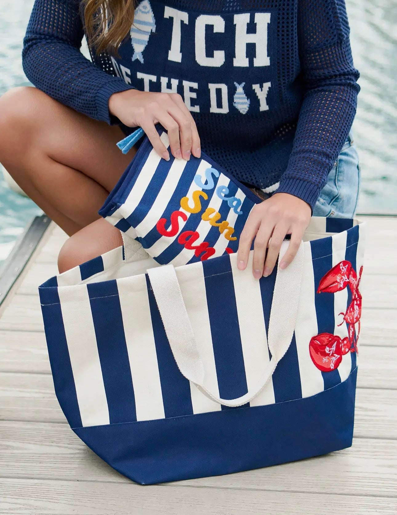 Lobster Striped Tote, Navy