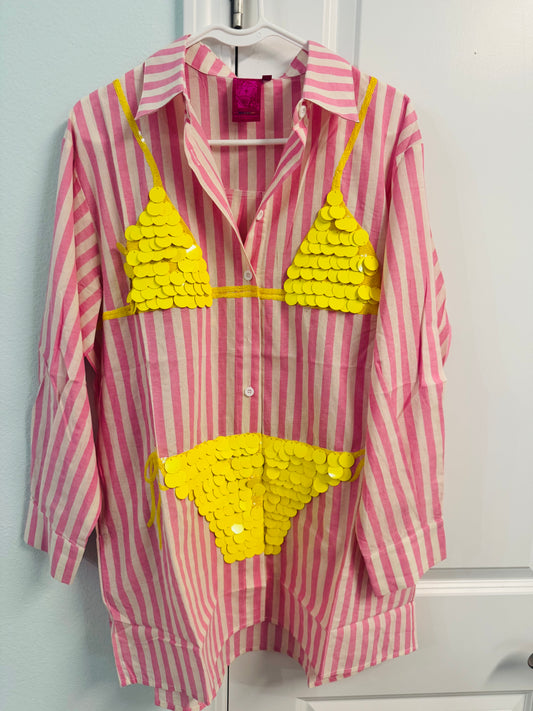 Queen of Sparkles Pink and White Stripe Yellow Bikini Cover Up