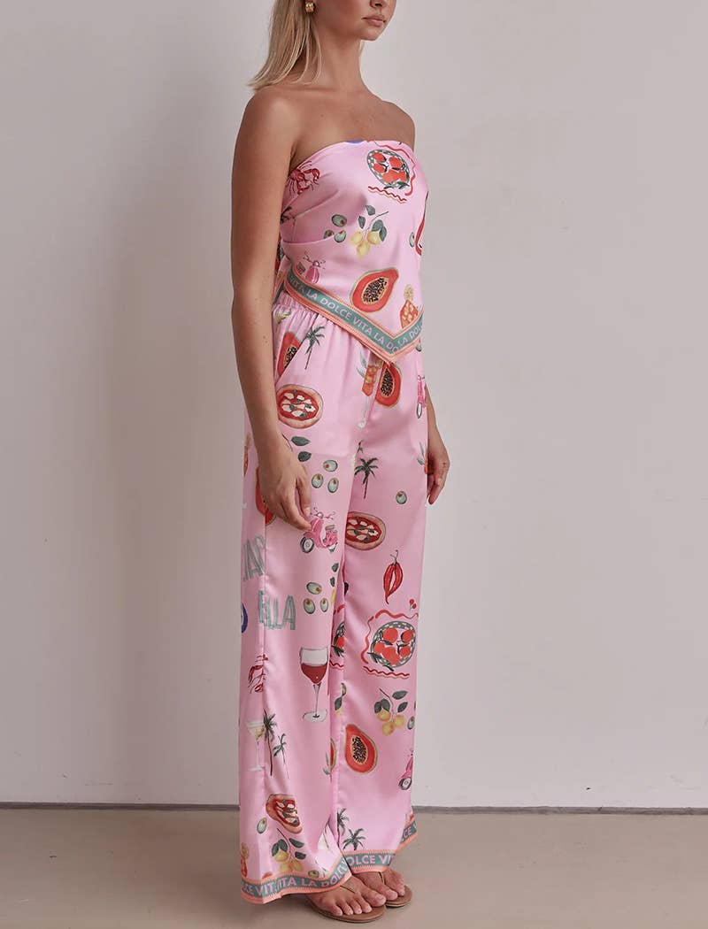 Strapless Tropical Print Pants Set