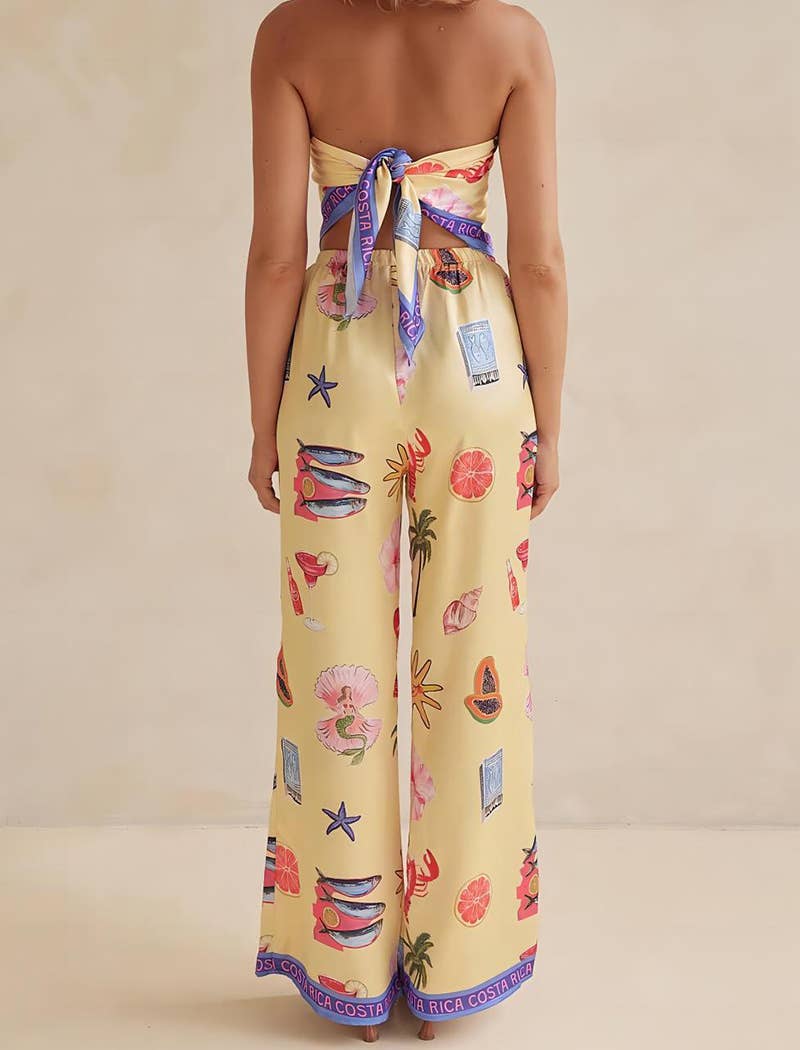 Strapless Tropical Print Pants Set
